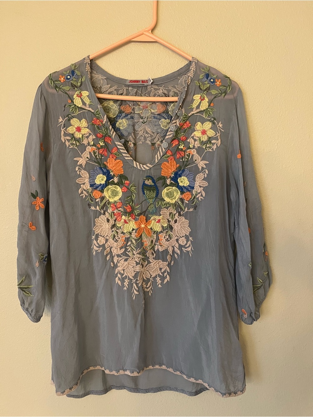 Johnny Was Slate Blue Embroidered V-Neck Tunic with Multicolor Floral Detail